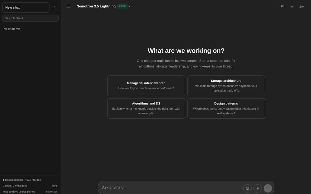 An empty store: one chat per topic, and the model in use.