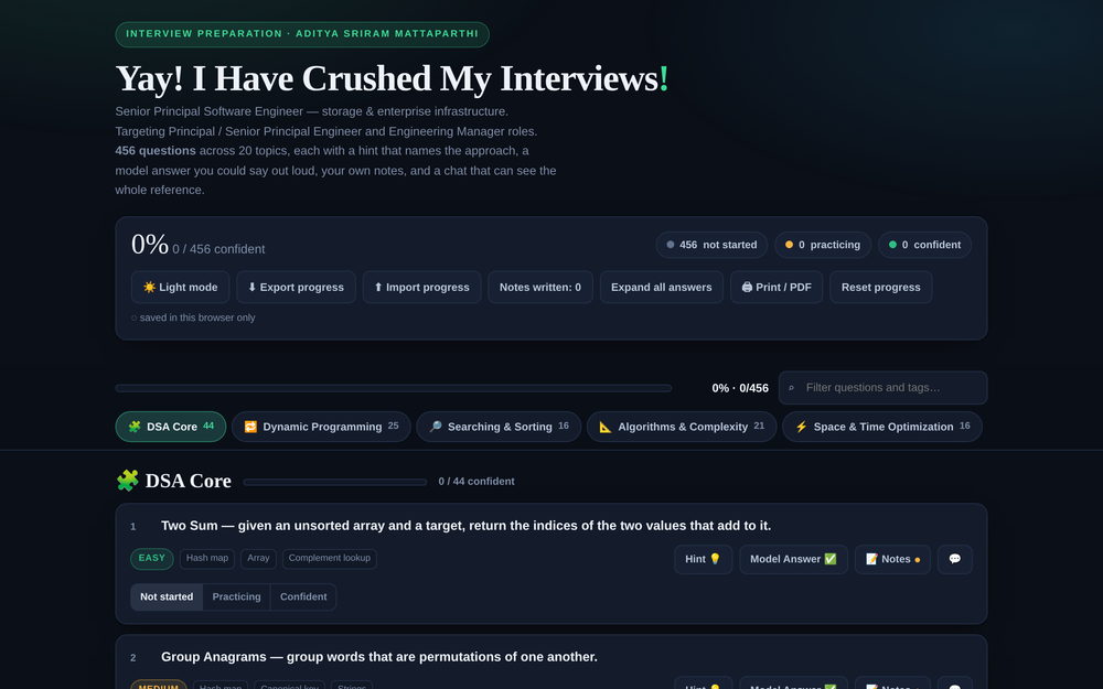 456 questions across twenty topics. Progress and notes cleared for the capture.