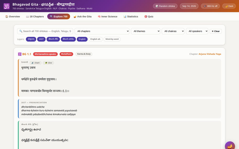 Explore 700: every sloka, searchable, with Sanskrit, Telugu and English.