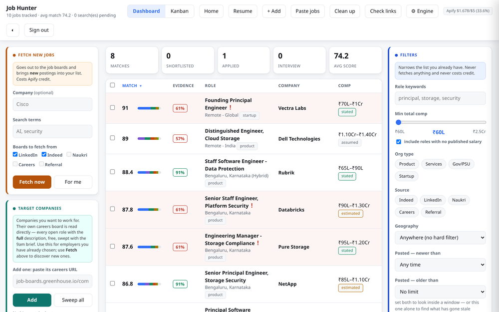 The board: every posting scored against the profile. Demo postings — every link is example.com.